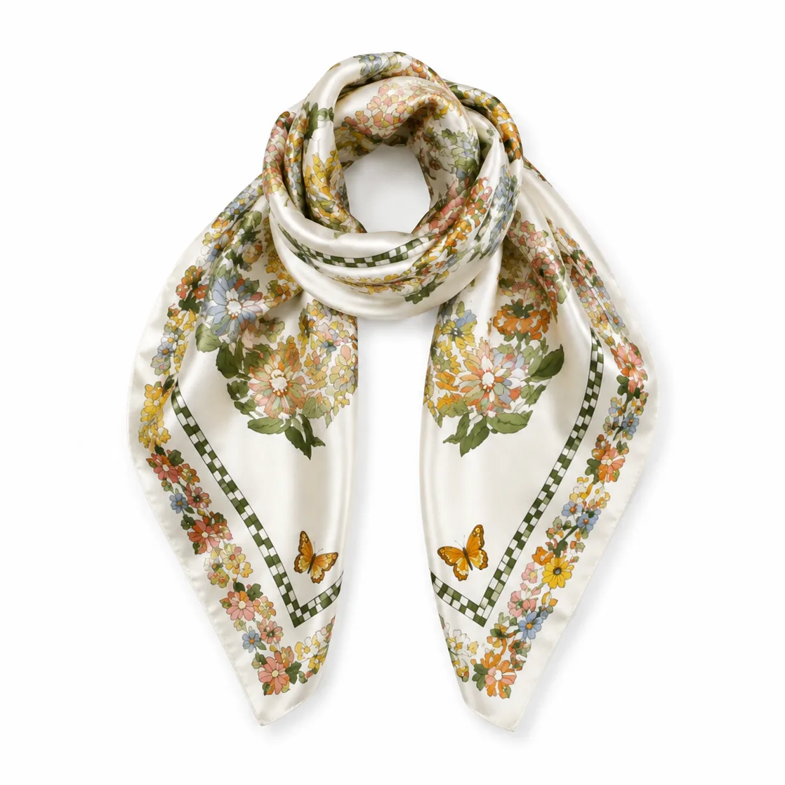 Custom 90x90 cm mulberry silk square scarf with botanical floral illustration print and gingham border, private label OEM manufacturing by OlaSilk