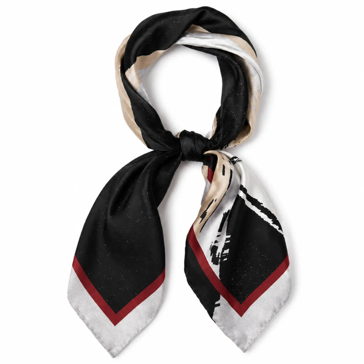 Custom 67x67 cm square silk twill scarf with abstract brushstroke print in black, cream, and red, private label manufactured by OlaSilk