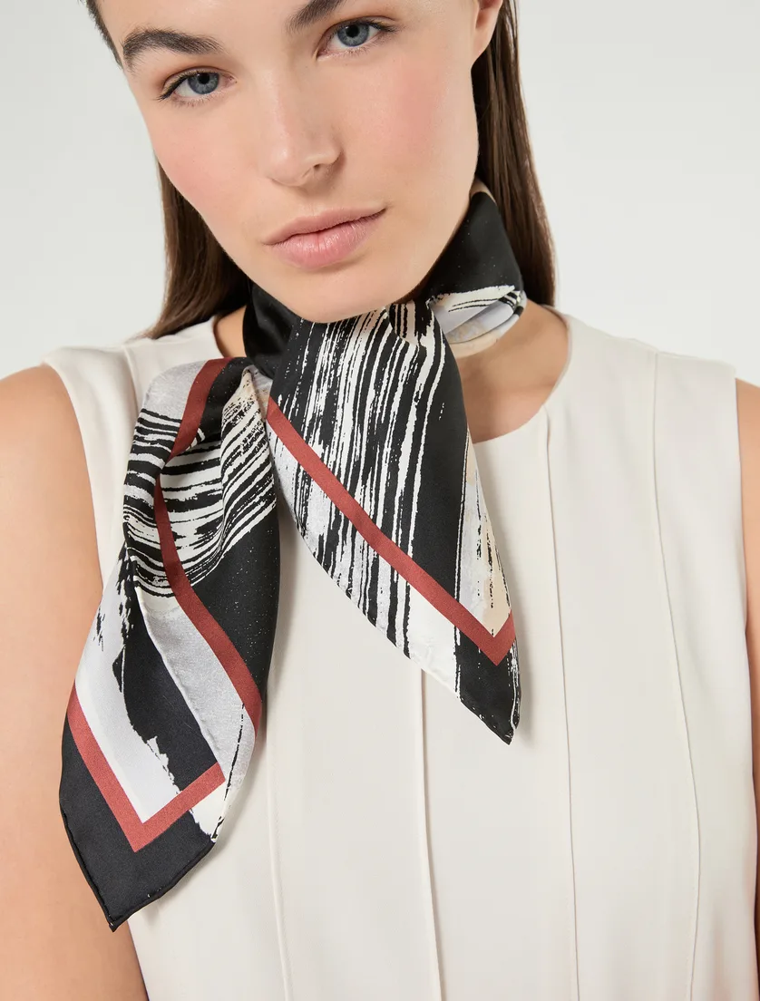 Black Abstract Brushstroke Square Silk Scarf detail view