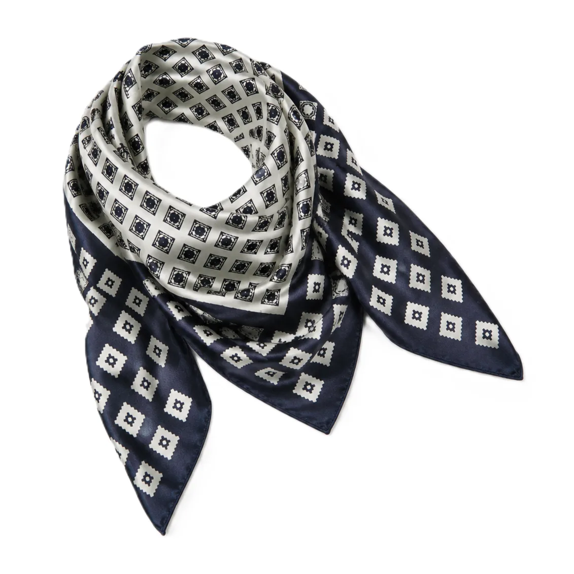Custom 65cm geometric print silk twill square scarf in navy and cream for private label fashion and gift brand programs