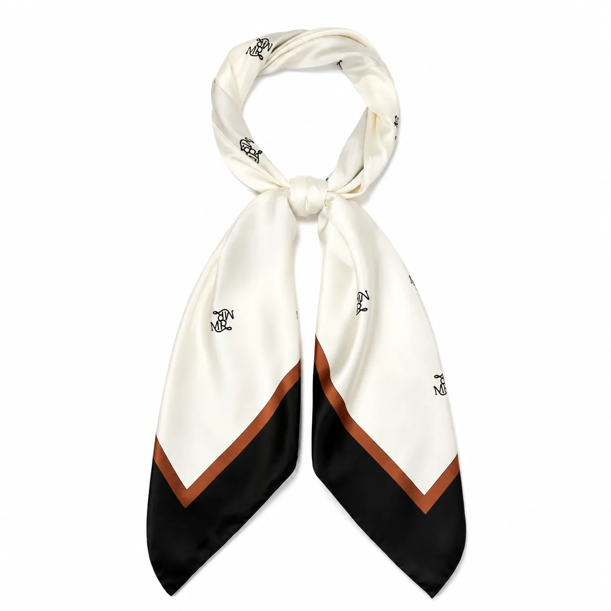 Detail view of a custom silk scarf showcasing a unique shape with a sleek finish and versatile tie options, designed for comfort and style in private