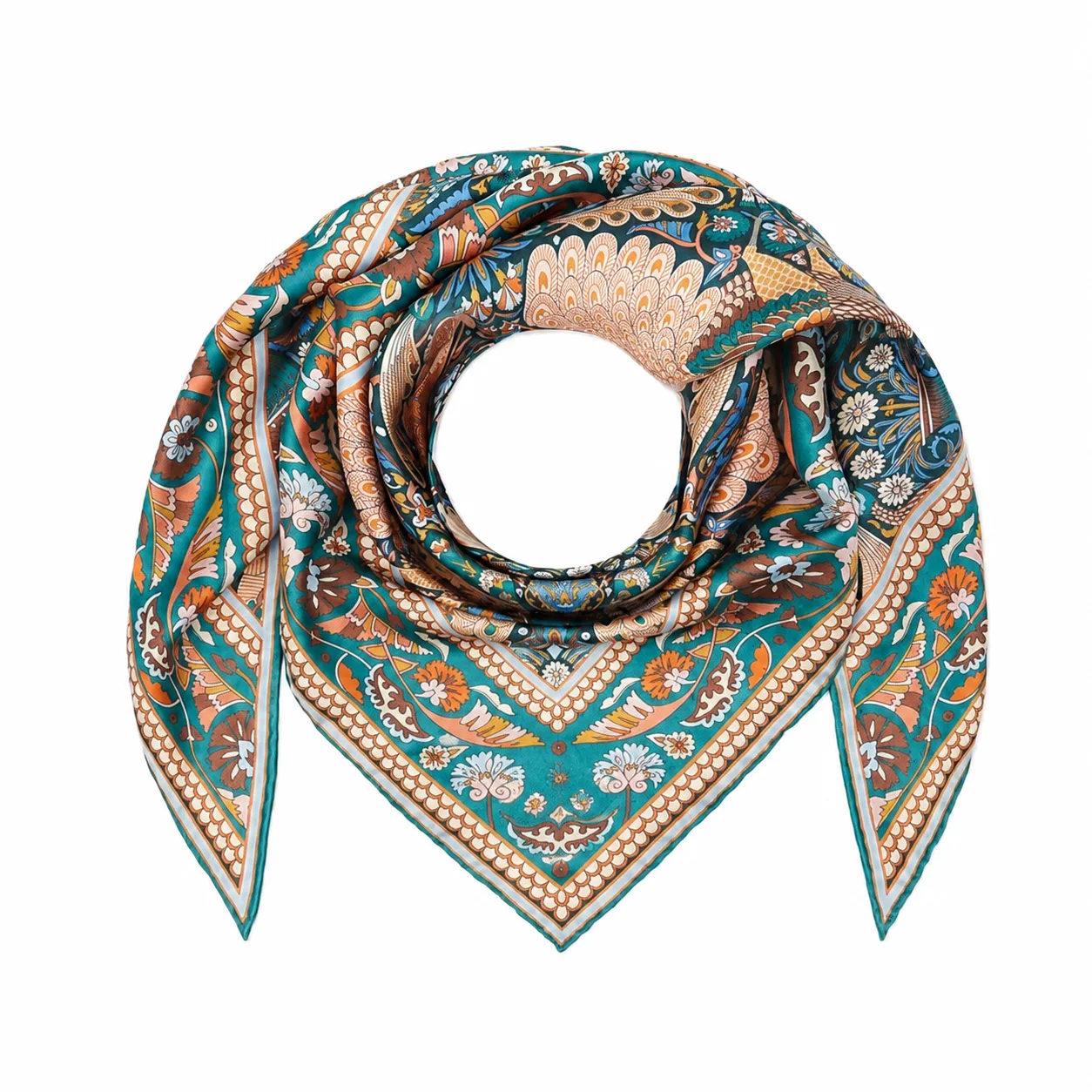 Custom 140x100cm Peacock Promenade triangle silk scarf with hand-rolled hem and edge-to-edge illustrative print for private label fashion brands