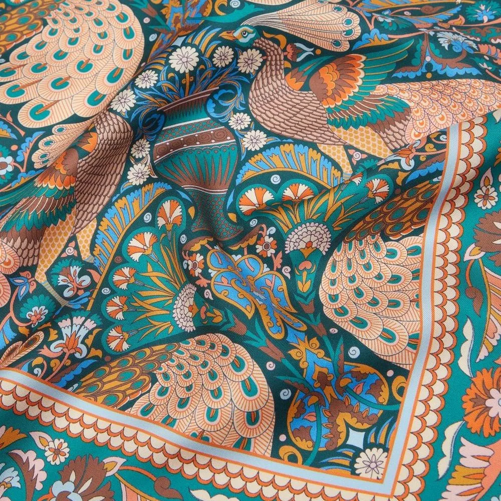 Peacock Promenade Large Triangle Silk Scarf detail view