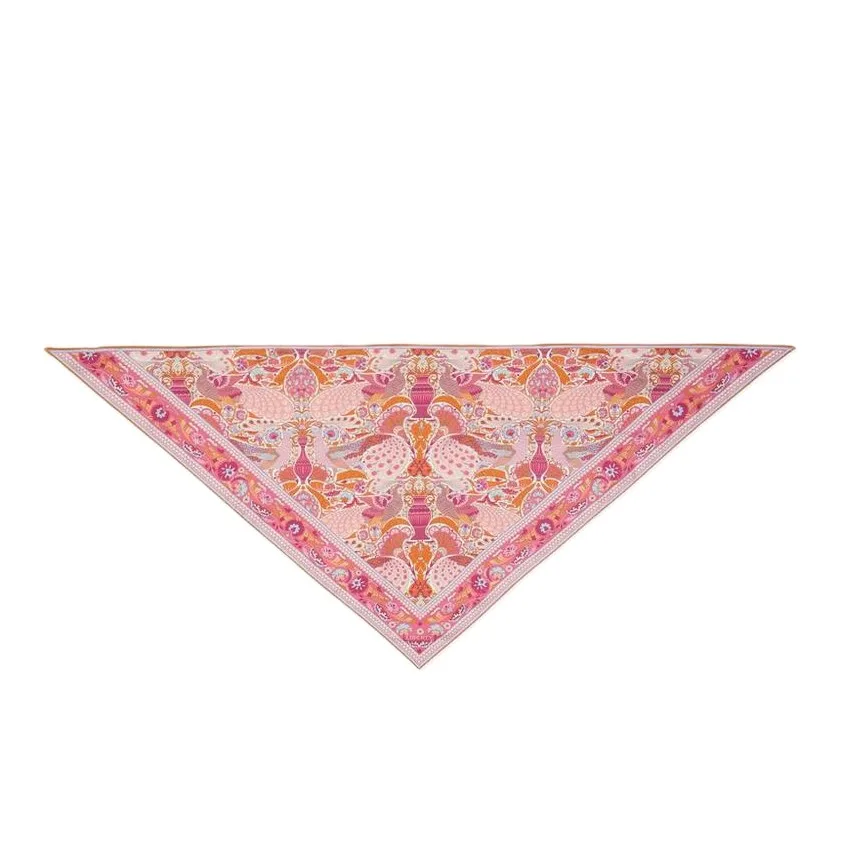 Detail view of a custom silk scarf with a triangular shape and decorative edges for private label fashion brands