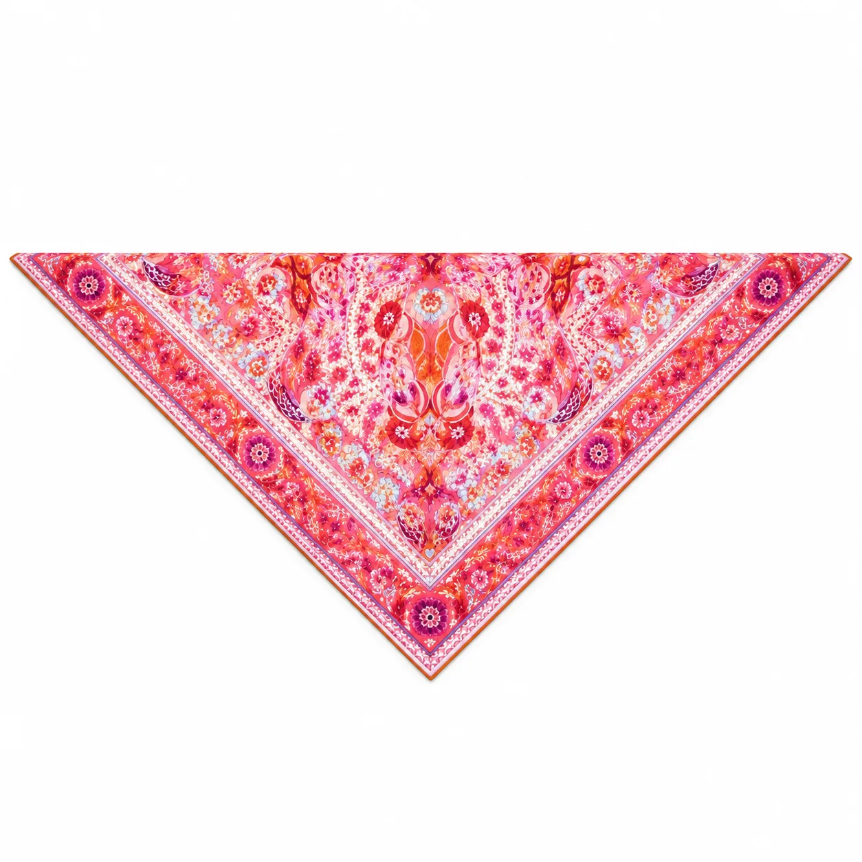 Detail view of a custom silk scarf design showcasing vibrant floral patterns with a bordered edge, tailored for private label fashion and gift brands