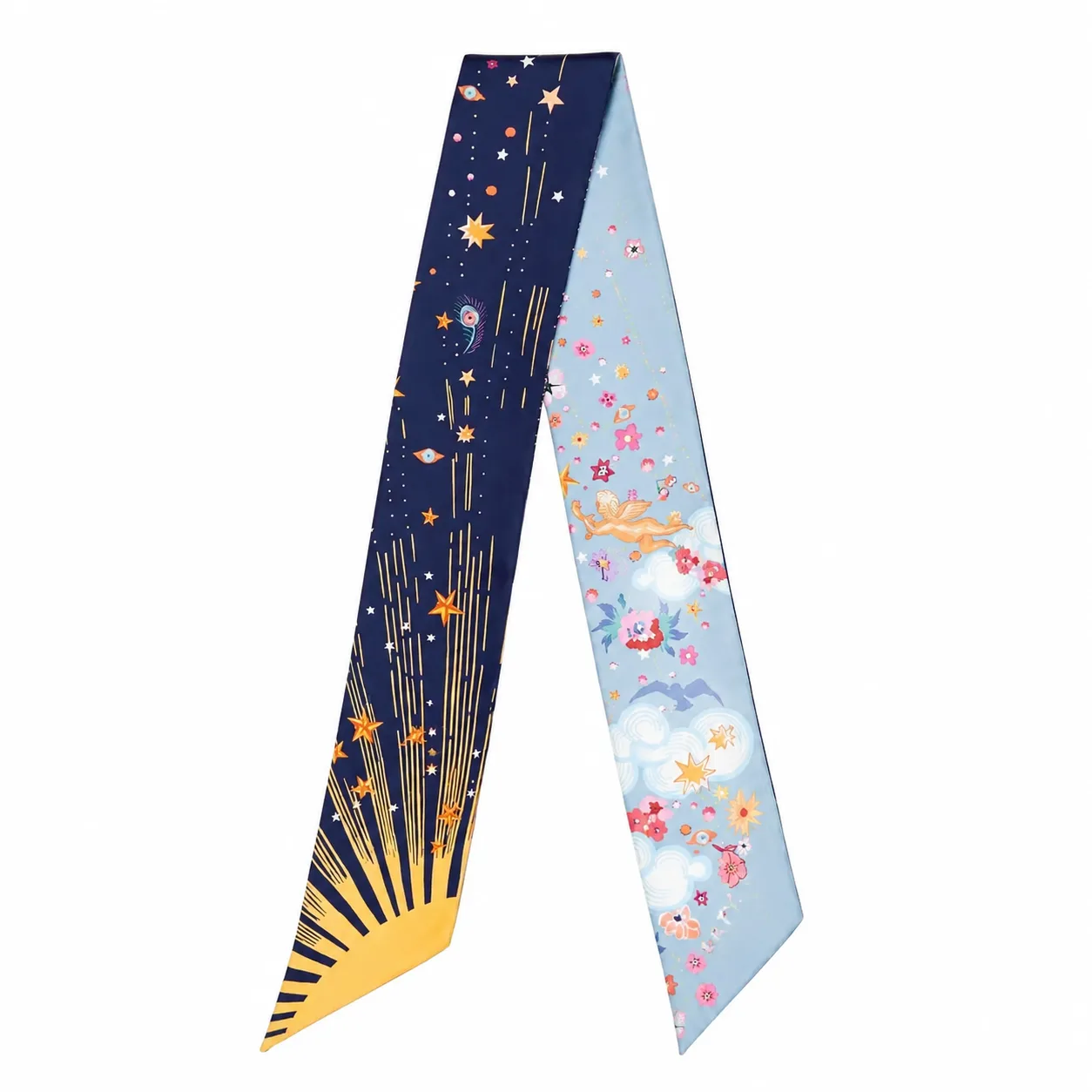 Detail view of custom silk scarf showcasing dual pattern design and pointed ends, ideal for private label fashion and gift brands