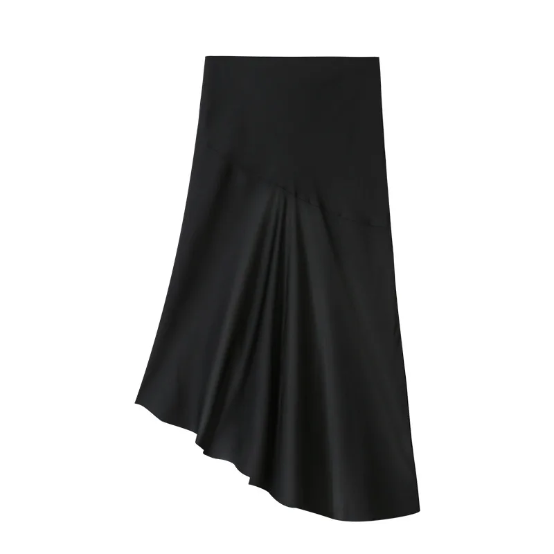 Black Asymmetric Silk Satin Midi Skirt detail view
