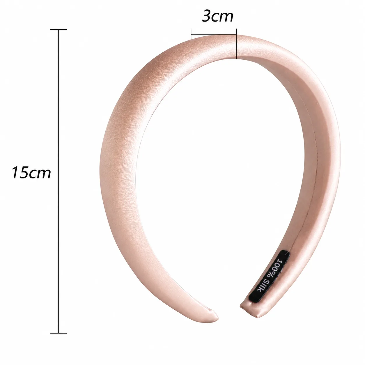 Detail view of a custom silk padded headband, showcasing its smooth construction, comfortable fit, and refined edge finish suitable for private label
