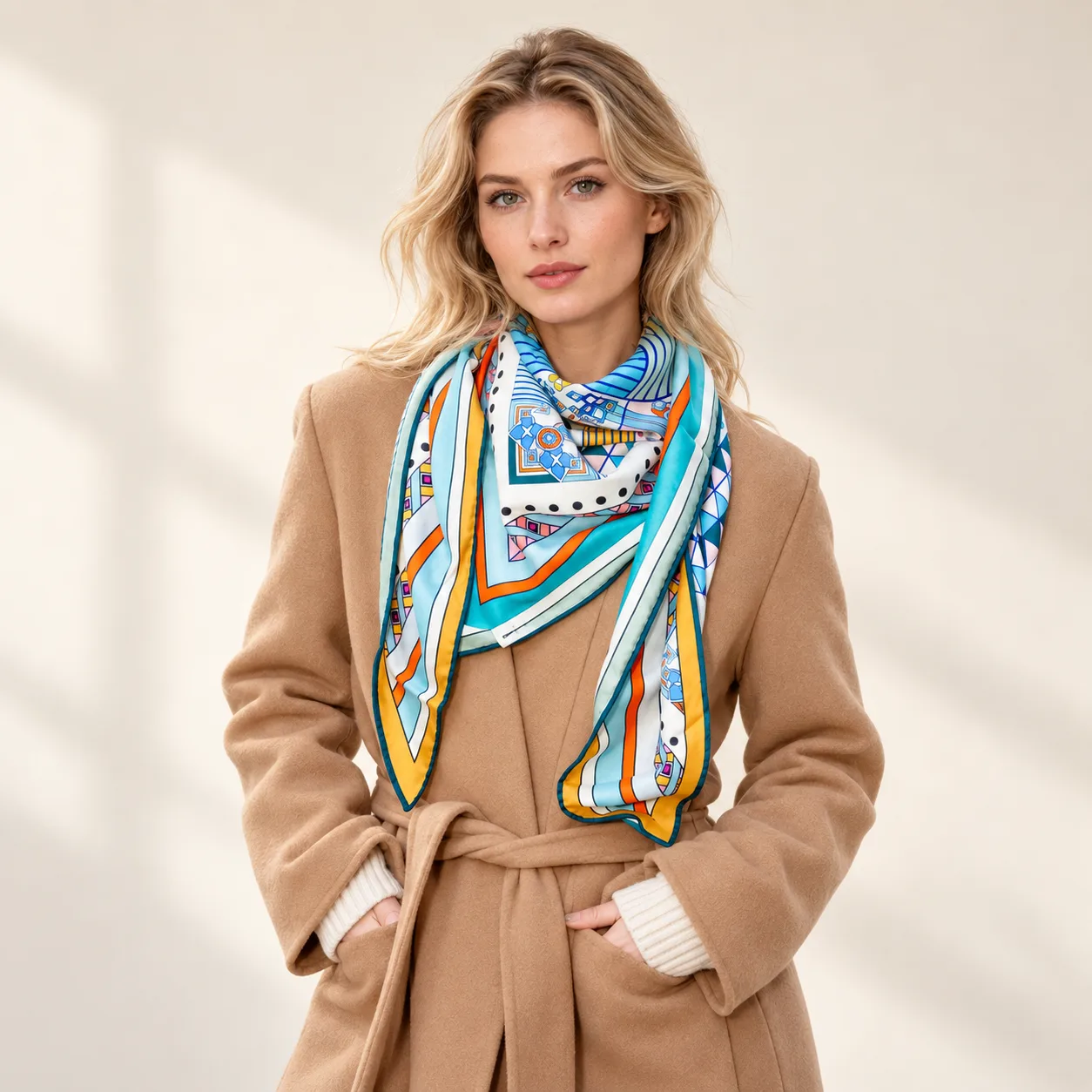 Lifestyle image of custom silk scarf showcasing vibrant design, ideal for private label fashion and gift brand applications