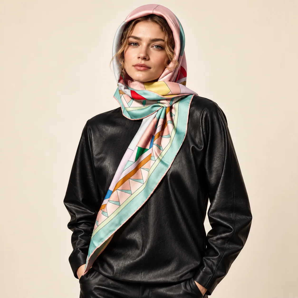 Detail view illustrating the shape and construction of a custom silk scarf, featuring a refined edge finish and comfortable draping for enhanced