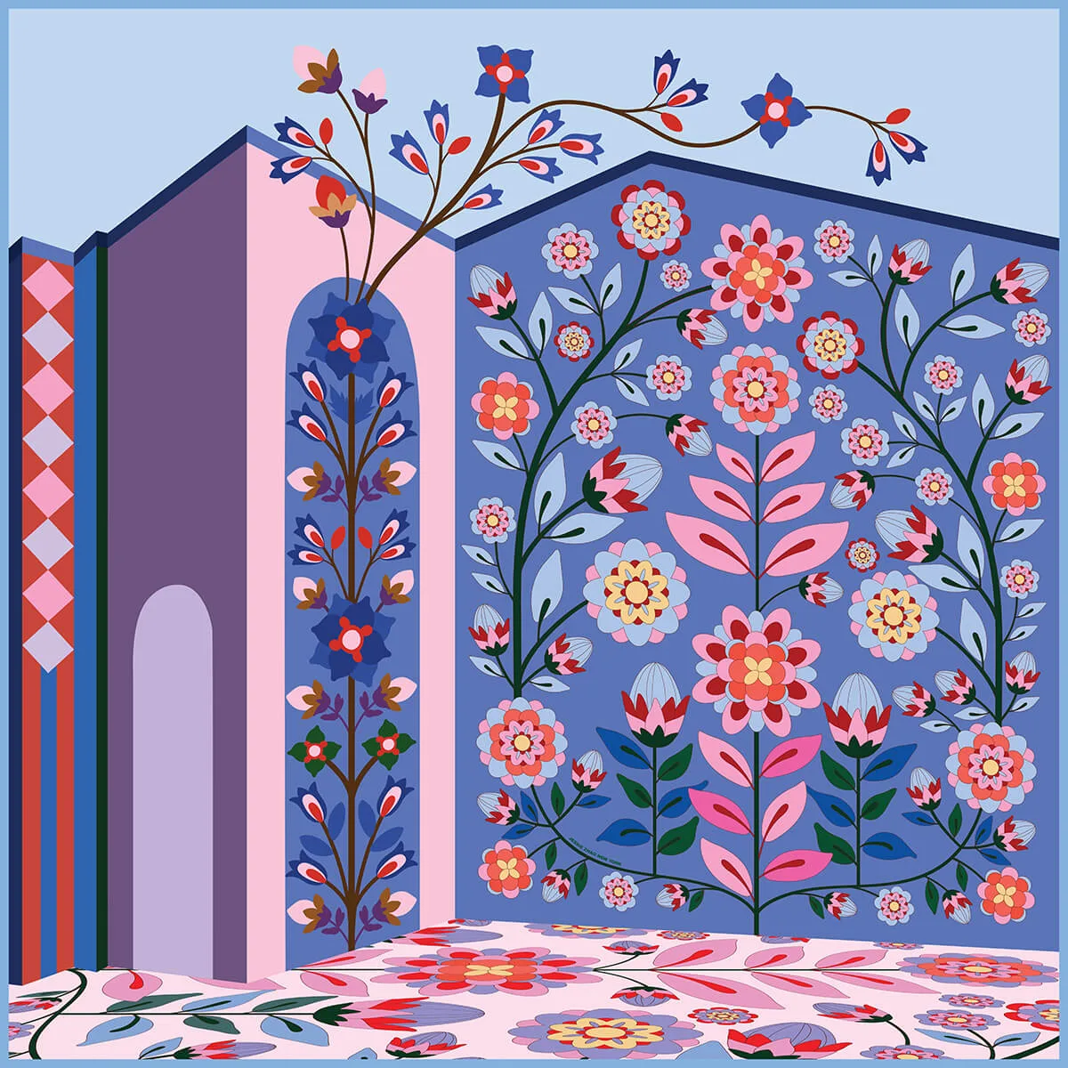 Detail view of a custom navy animal print wool silk square scarf showcasing intricate floral and animal motifs, emphasizing premium craftsmanship for