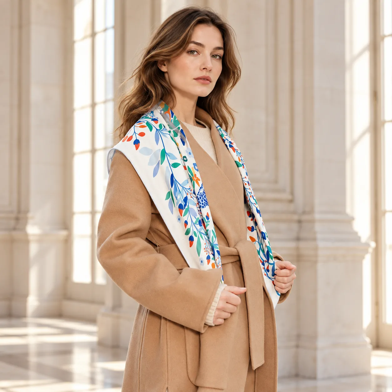 Detail view of a custom-made Navy Animal Print Wool Silk Square Scarf featuring a soft drape and refined edges, designed for private label clients