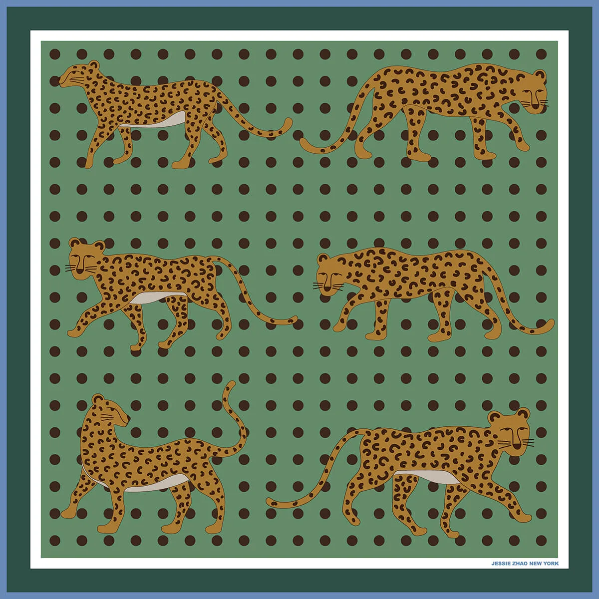 Detail view showcasing a custom silk scarf with a unique leopard print design, highlighting its tailored edge finish and construction suitable for