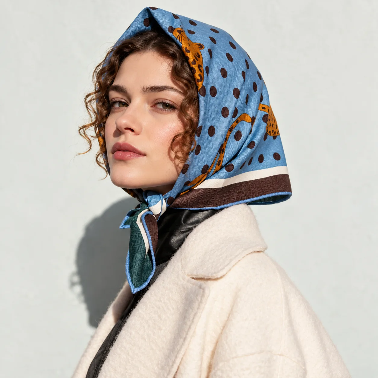 Detail view of a custom silk scarf featuring a vibrant pattern and finished edges, designed for private label fashion brands