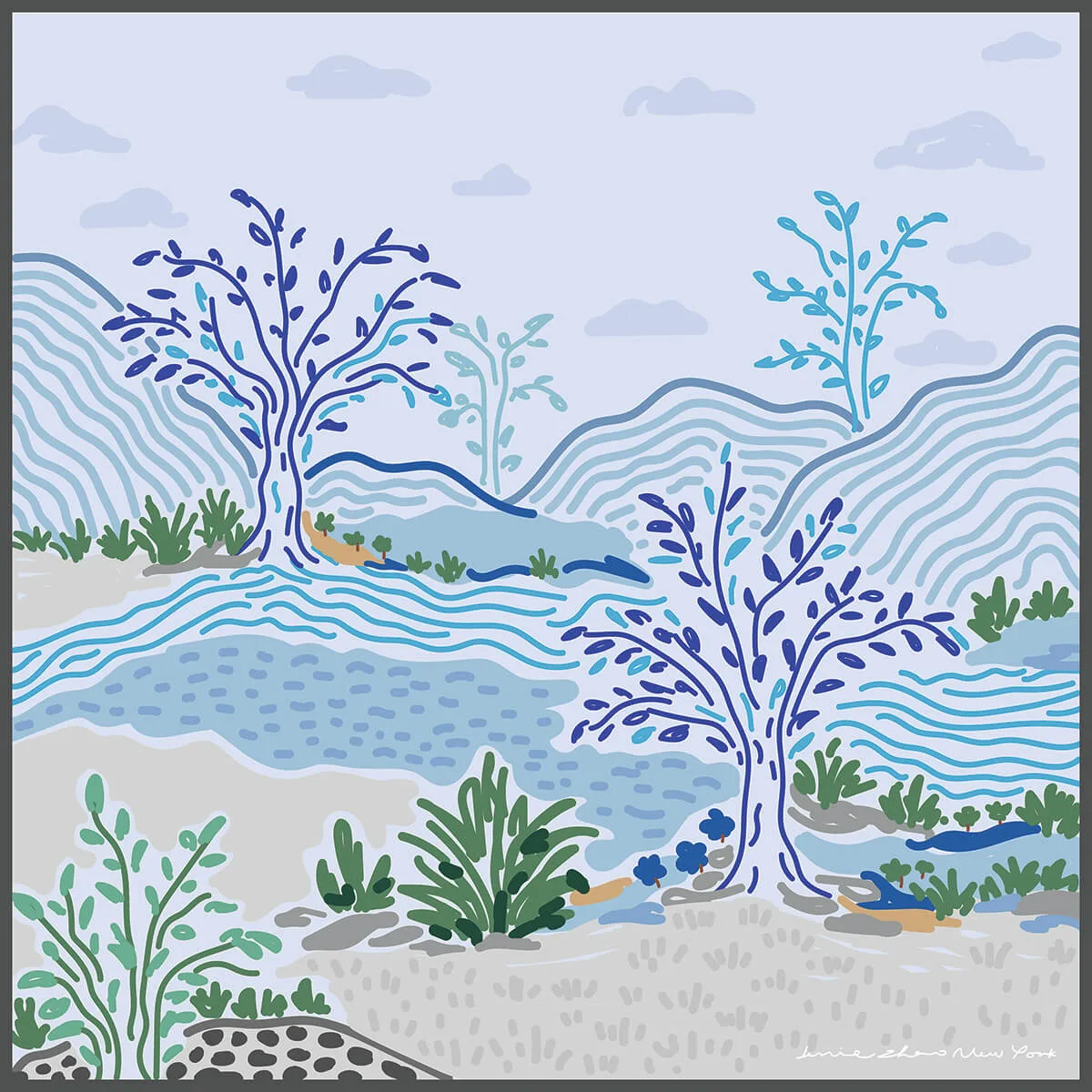 Detail view of a custom silk scarf featuring a serene landscape design for private label clients, showcasing elegant edge finishing and lightweight