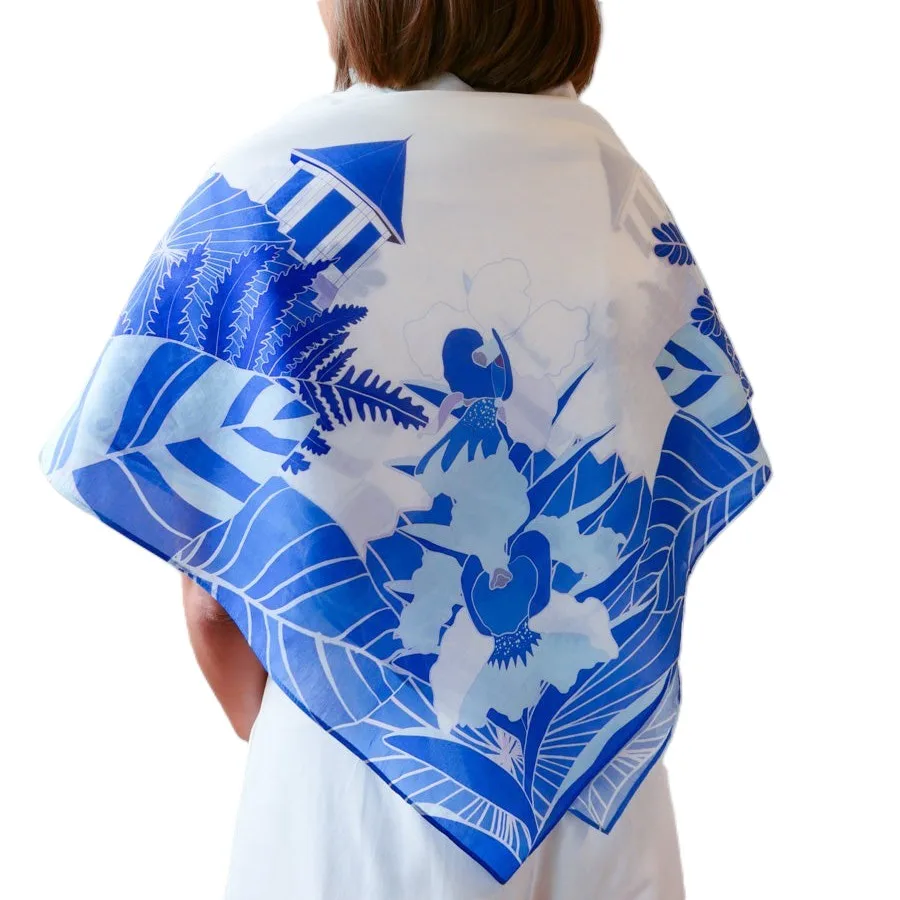 Detail view of construction and fit features of custom silk scarf designed for private label brands