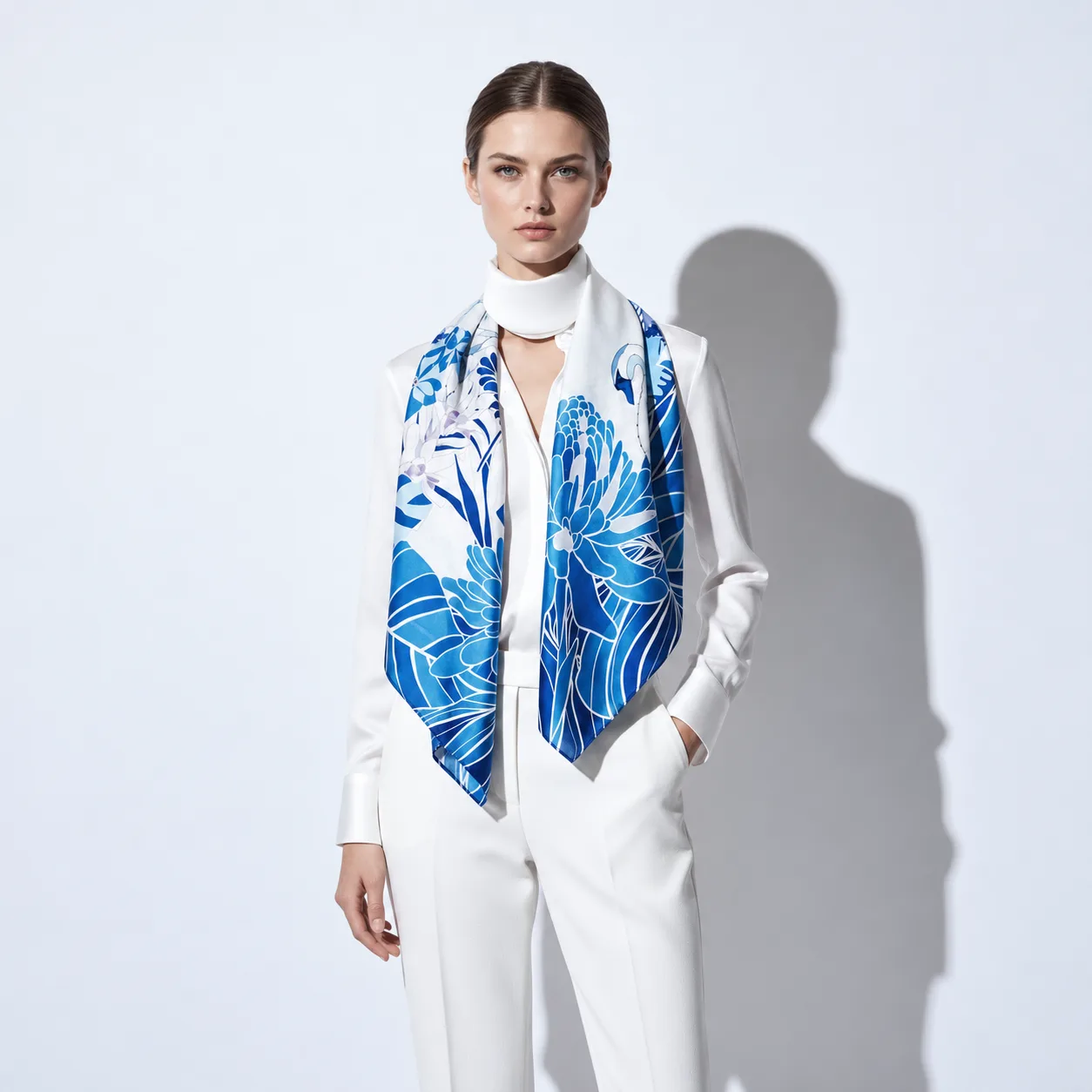 Detail view of a custom silk scarf featuring a floral design, demonstrating a chic square shape with expertly finished edges designed for comfort and