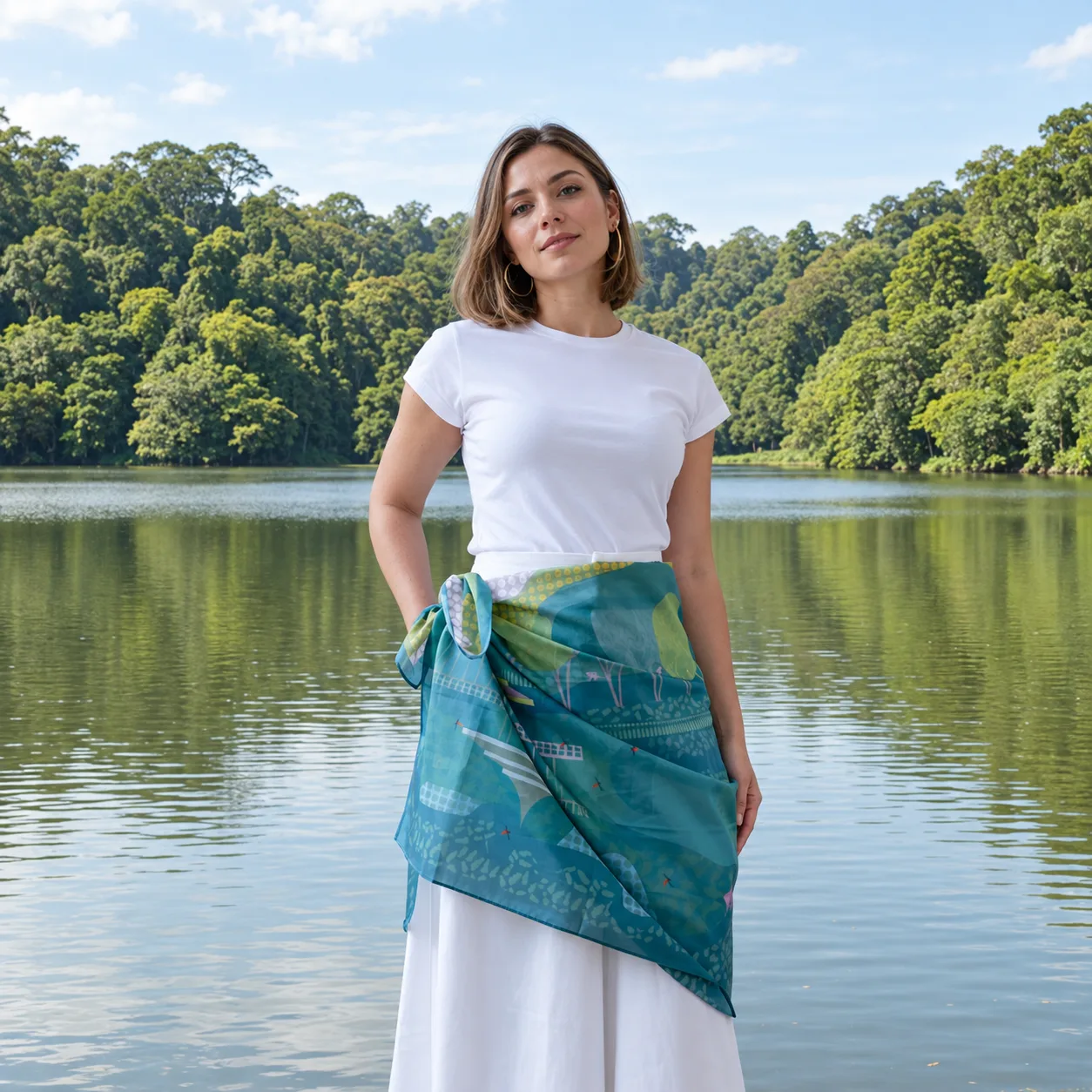 Detail view of a custom silk scarf with a geometric design, showcasing lightweight construction and versatile wrapping options suitable for private