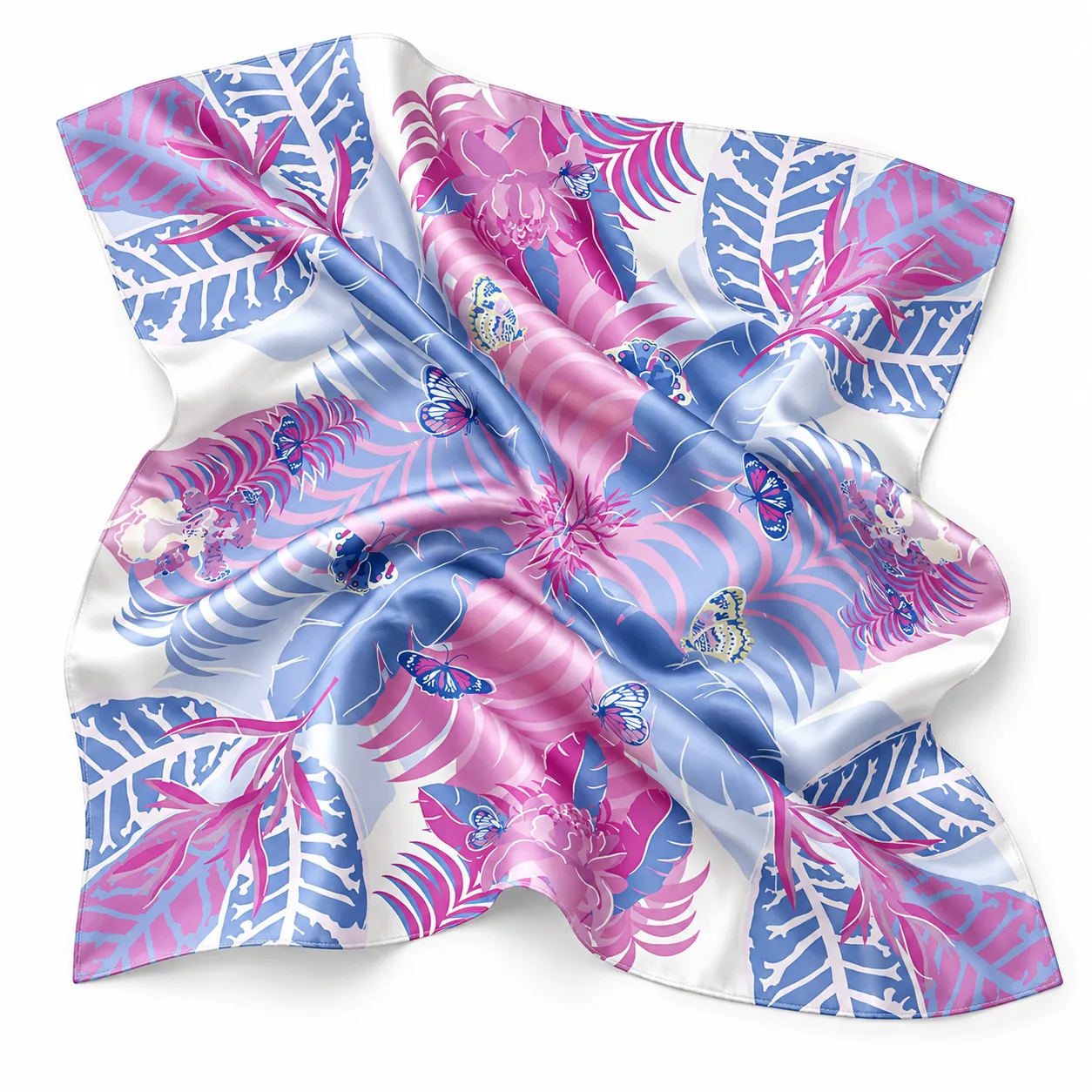 Custom 115cm cotton-silk blend square scarf with multi-colorway tropical botanical print for private label fashion and gift brands