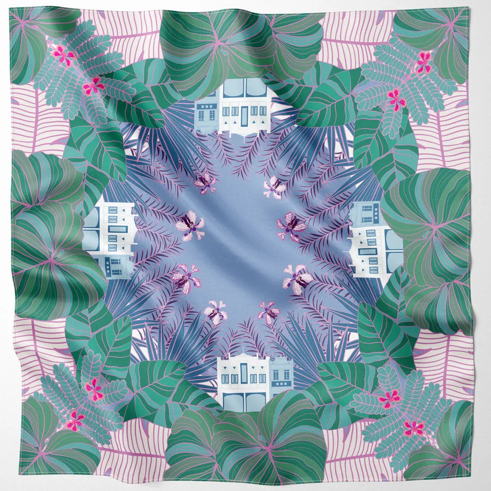 Tropical Botanical Print Cotton-Silk Square Scarf detail view