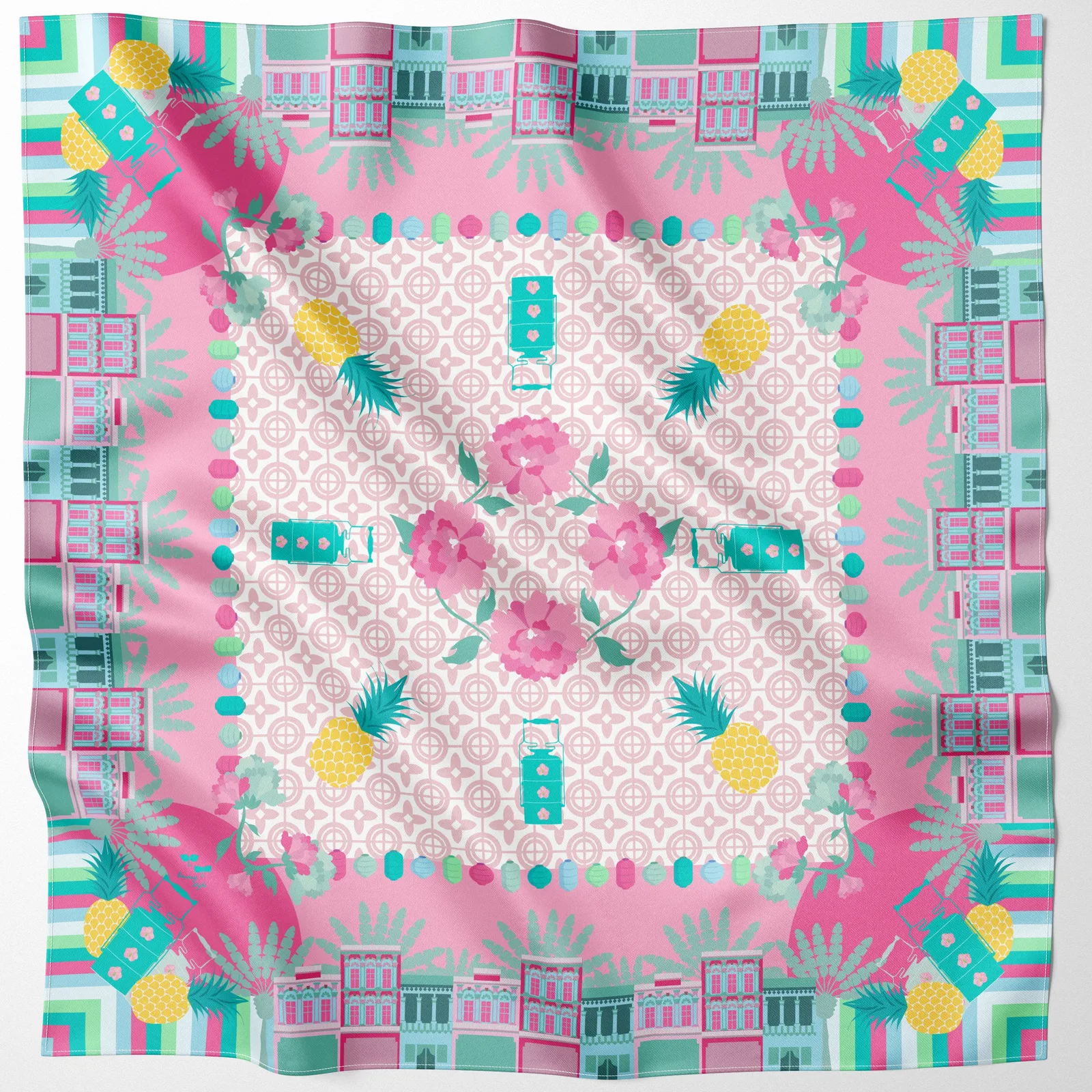 Detail view showcasing the intricate pattern and soft drape of a custom silk scarf designed for private label applications