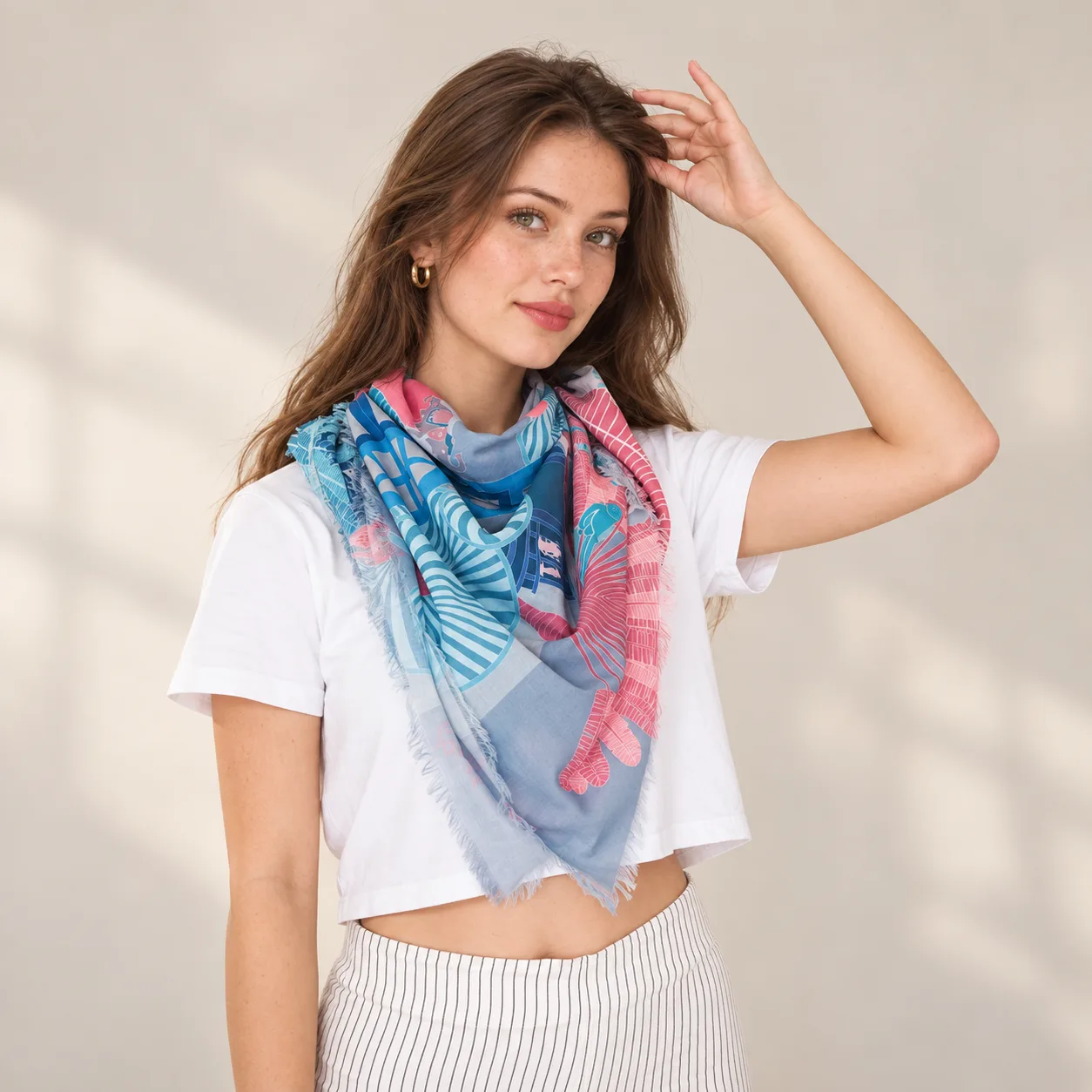 Detail view showcasing the custom shape and edge finish of a private label silk scarf for branding purposes