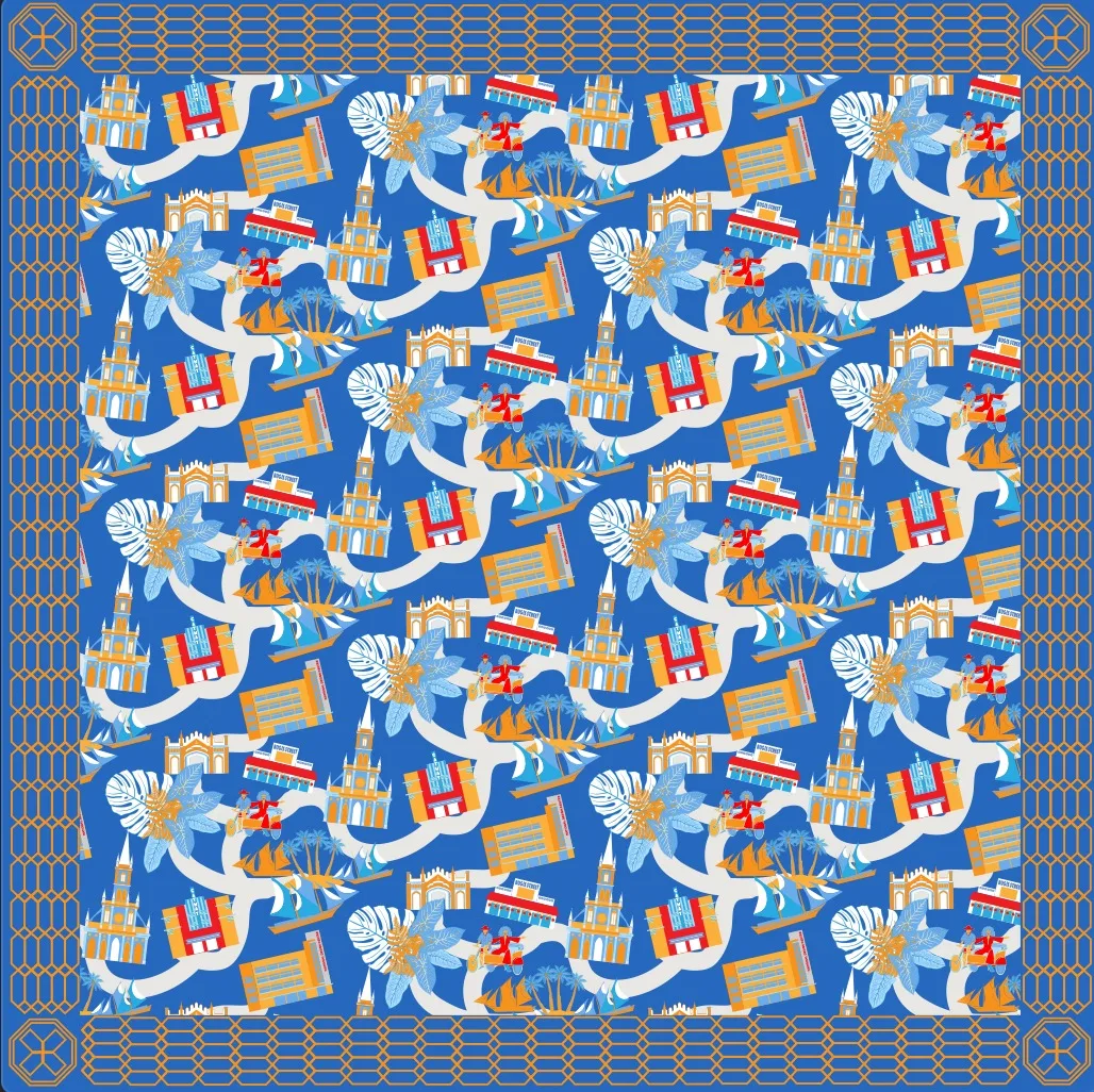 Detail view showcasing the construction and edge finish of a custom silk scarf, highlighting superior craftsmanship tailored for private label brands