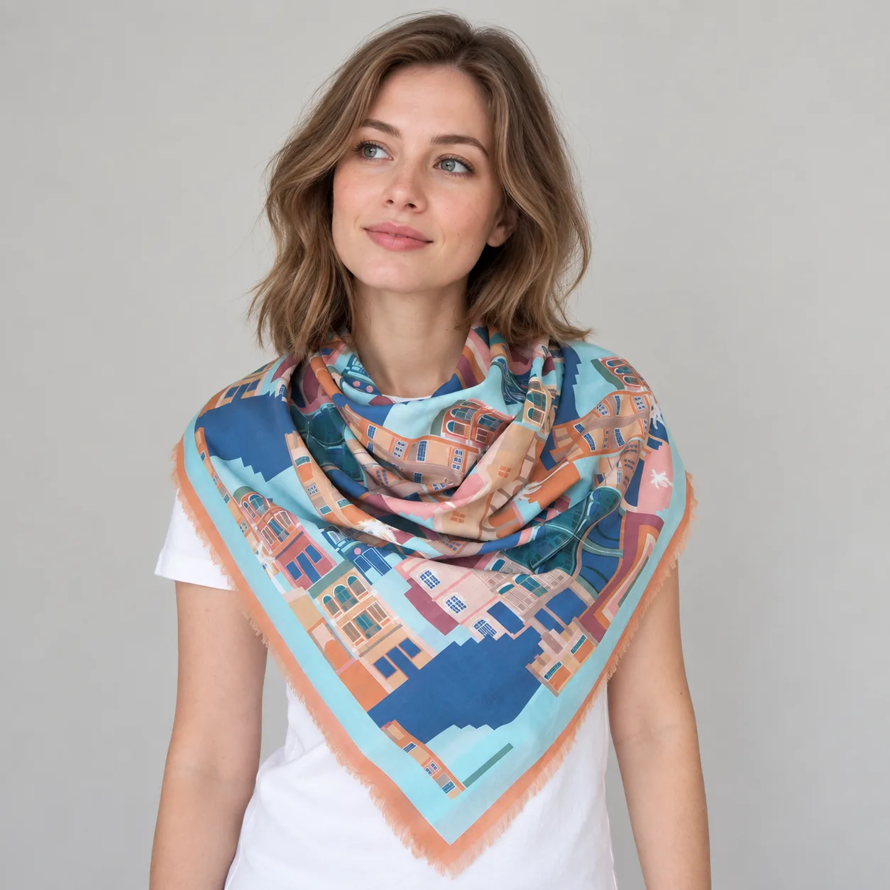 City Print Cotton Silk Fringe Square Scarf detail view