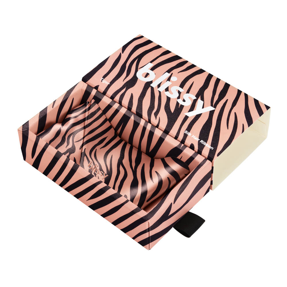 Private label skinny silk scarf in matching tiger stripe drawer gift box with printed logo placement for boutique gift packaging review