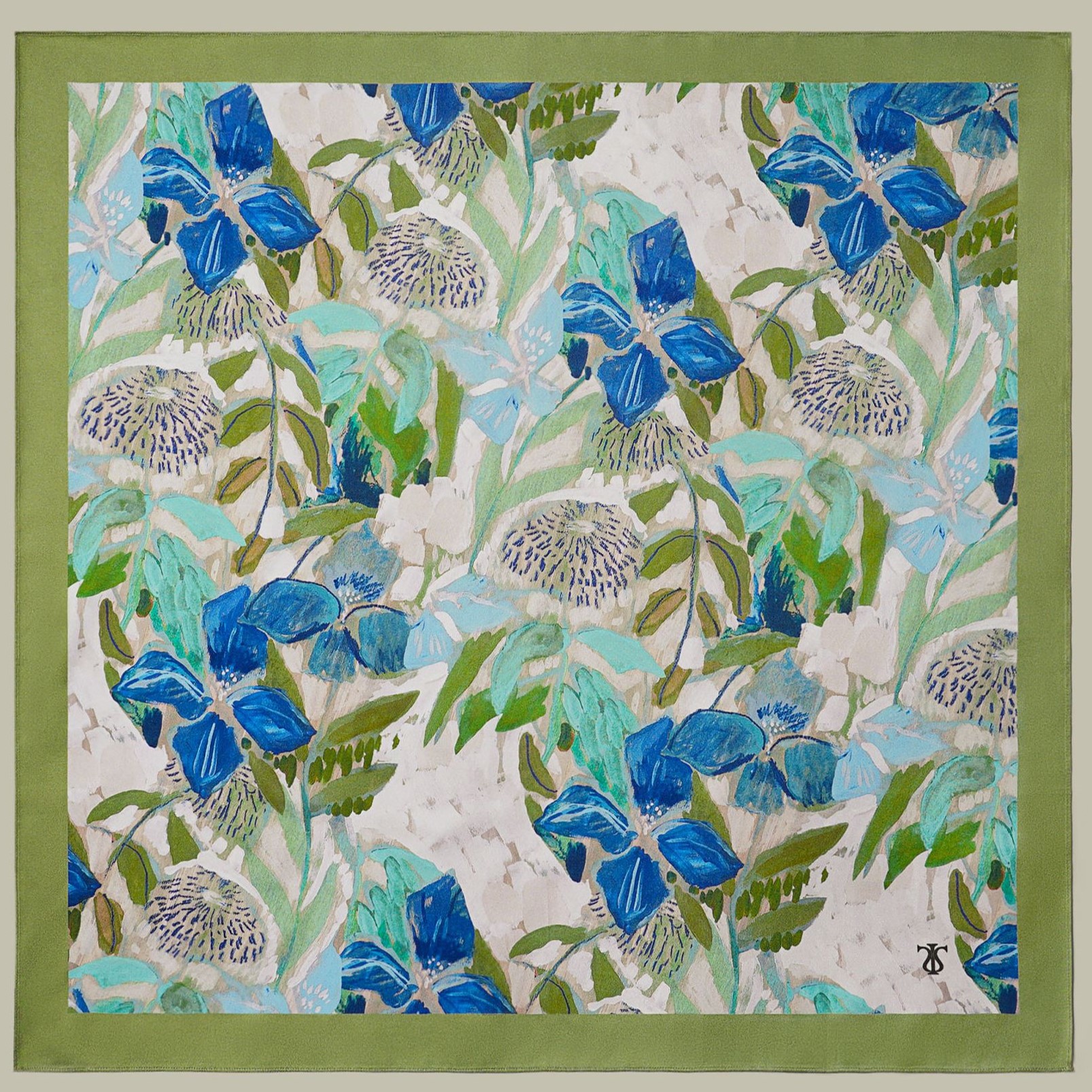 Floral print square silk scarf with green border and corner logo placement for private label fashion or gift scarf collections
